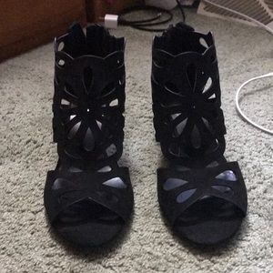 Black cutout floral midi wedge